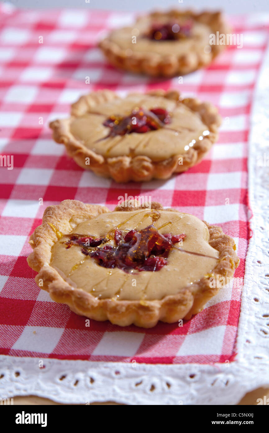 Shortcrust pastry tarts with sweet condensed milk and cranberries Stock Photo