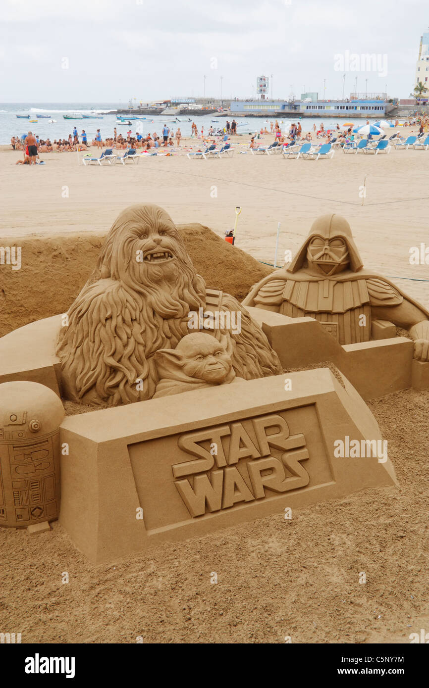 Star Wars sand sculpture on beach in Spain Stock Photo
