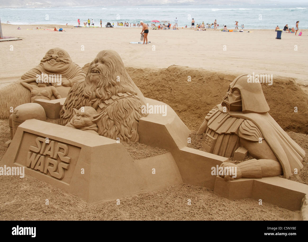 Star Wars sand sculpture on beach in Spain Stock Photo