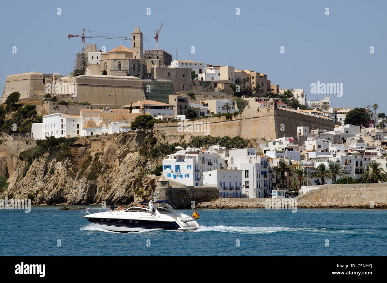 Eivissa Port on the Spanish island of  Ibiza overlooked by the old town & Cathedral seen from the Mediterranean Sea Stock Photo