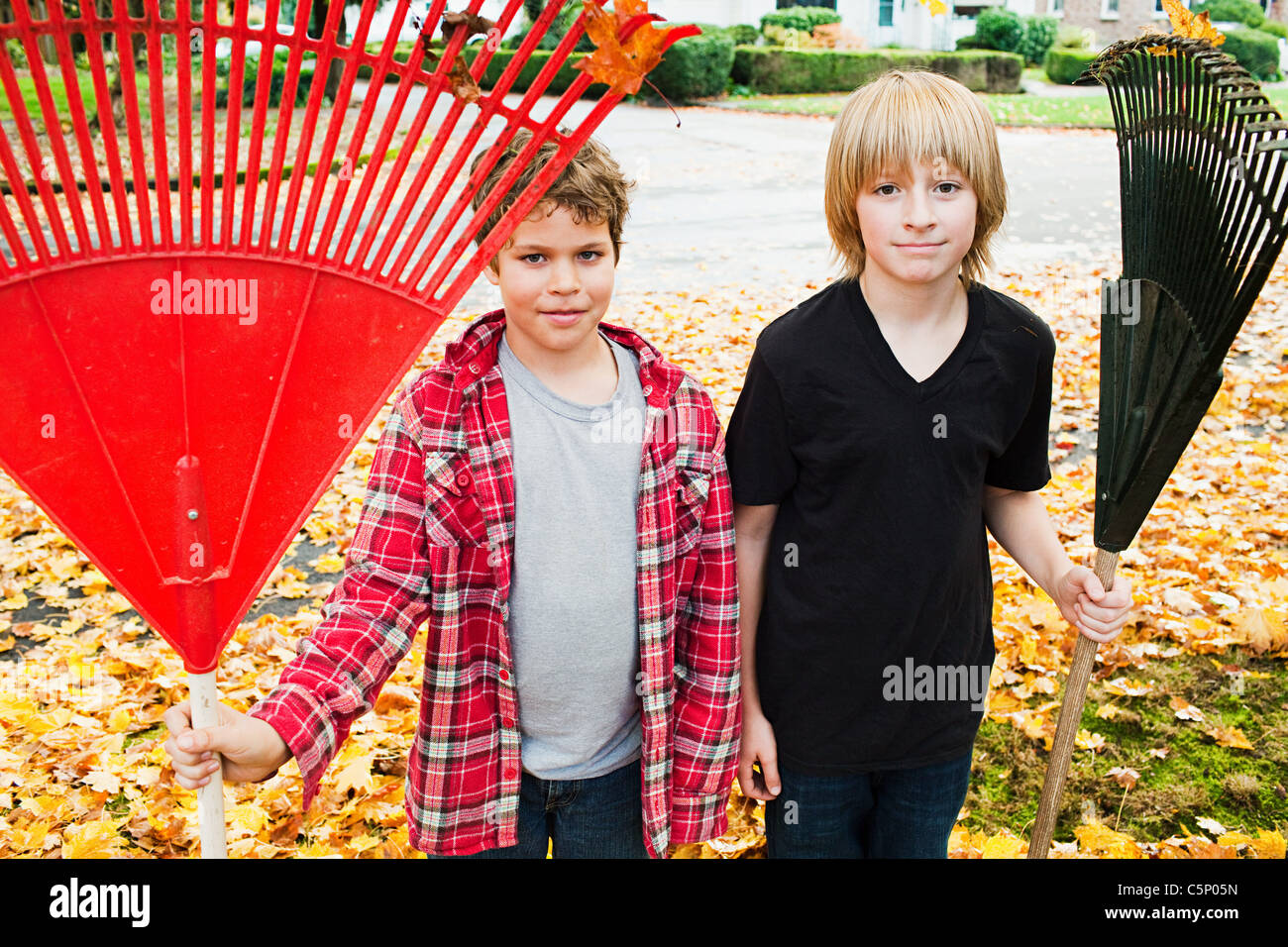 Two boys holding rakes Stock Photo - Alamy