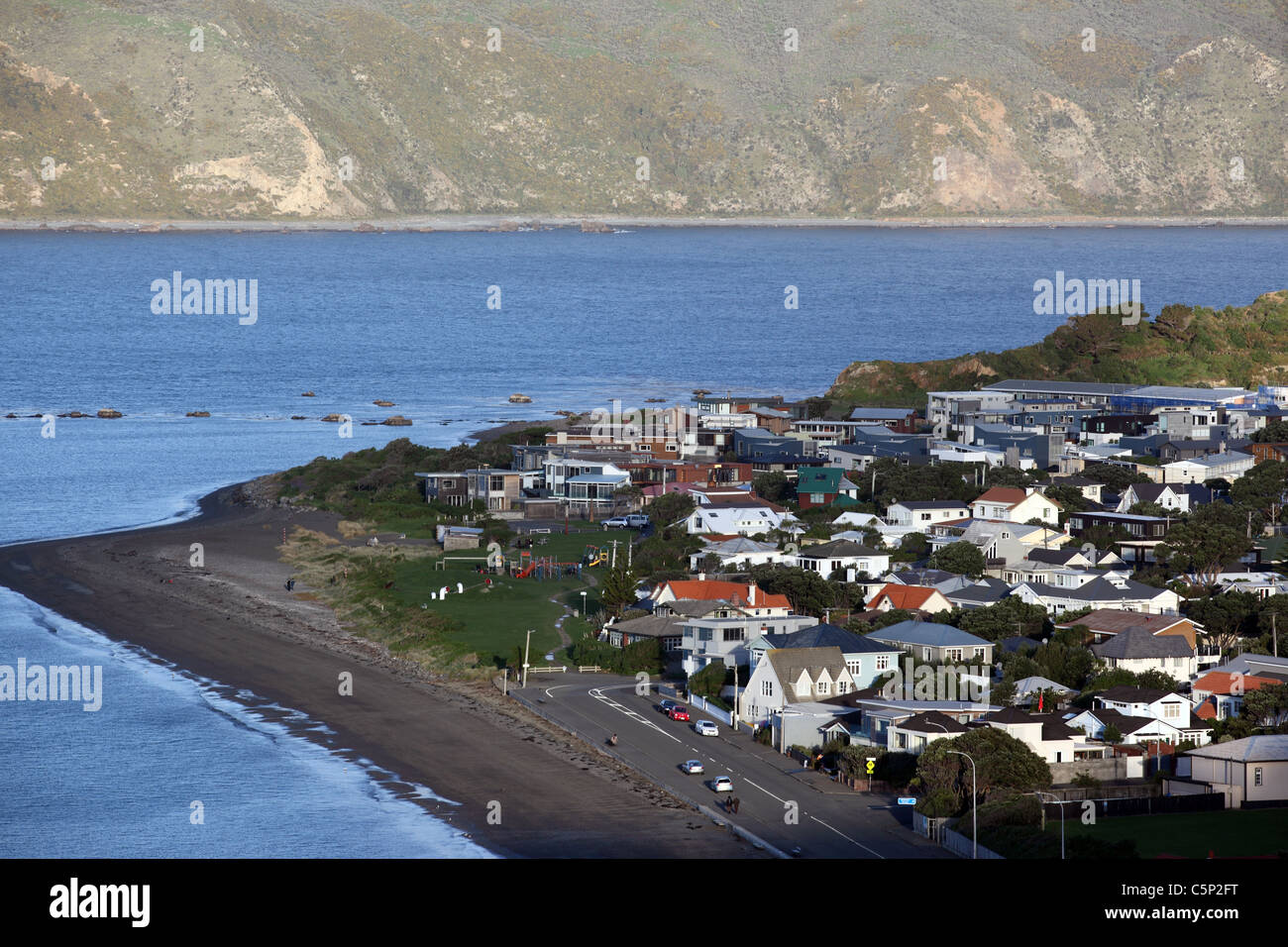 View looking down at Seatoun and Wellington Harbor entrance. Stock Photo
