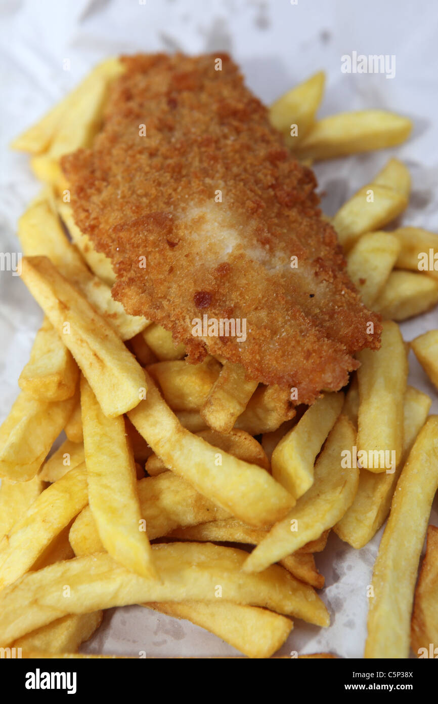 Bread crumbed Fish and chips Stock Photo Alamy