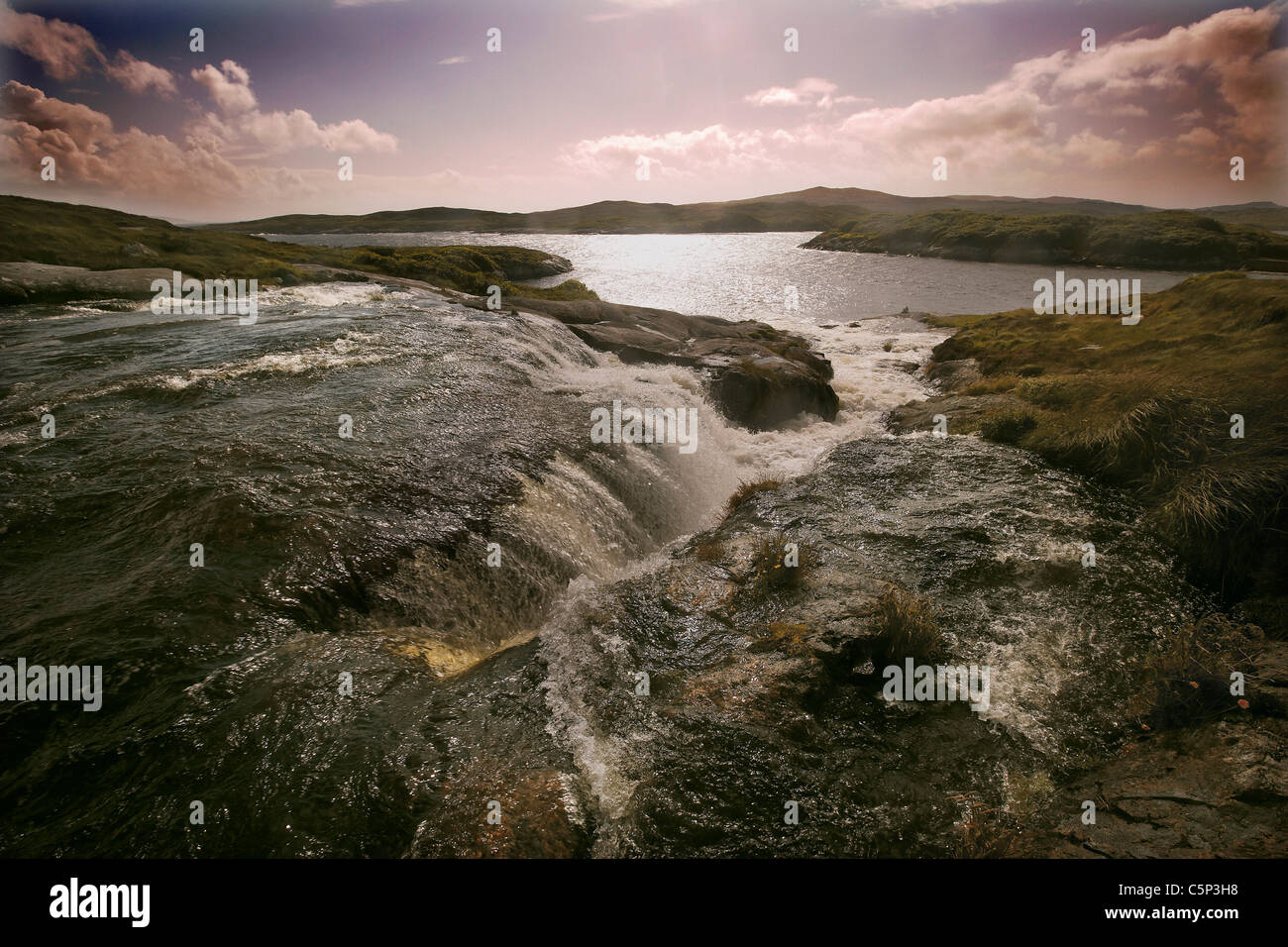 Waterfall near Amhuinnsuidhe Castle, North Harris, Outer Hebrides, Scotland, UK Stock Photo