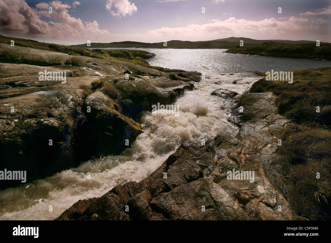 Waterfall near Amhuinnsuidhe Castle, North Harris, Outer Hebrides, Scotland, UK Stock Photo