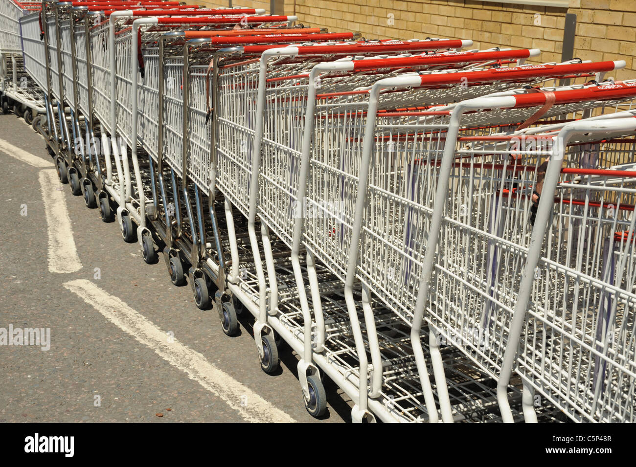 supermarket trolleys with the words costco on the handle Stock Photo