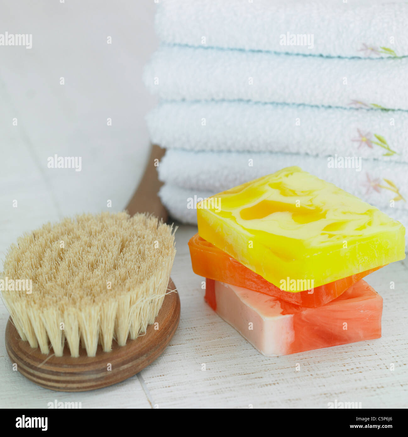 Brush, soap and towel Stock Photo Alamy