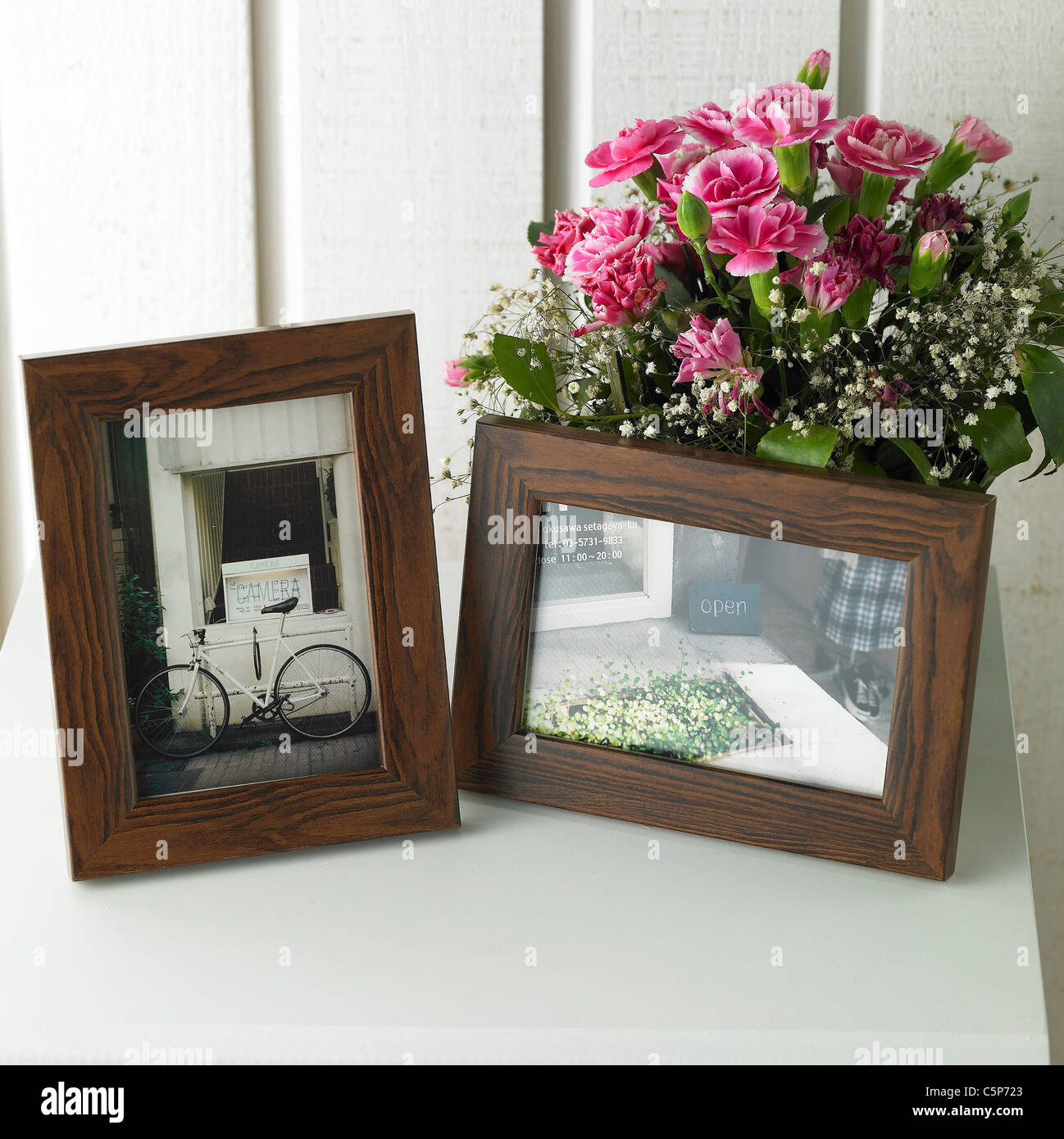 Picture frames on a cabinet Stock Photo