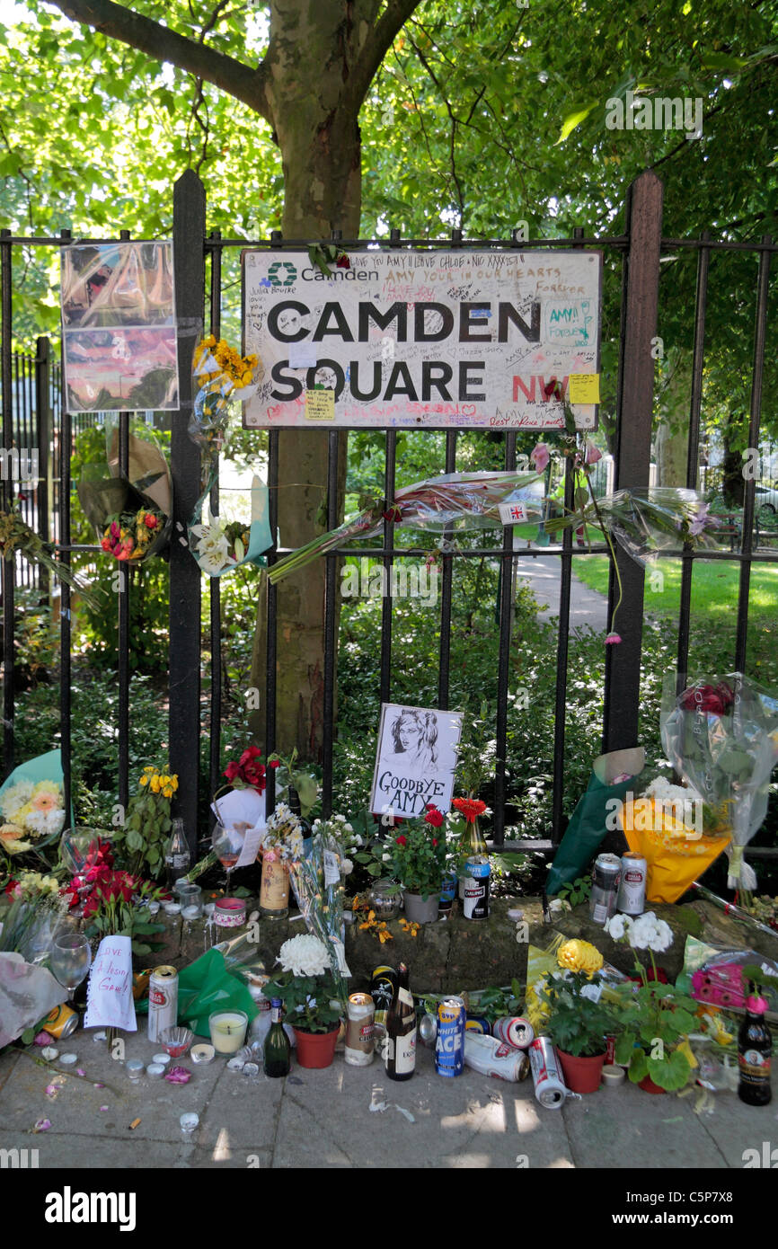Memorials to the artist Amy Winehouse in Camden Square close to her Camden home following her death in July 2011 Stock Photo