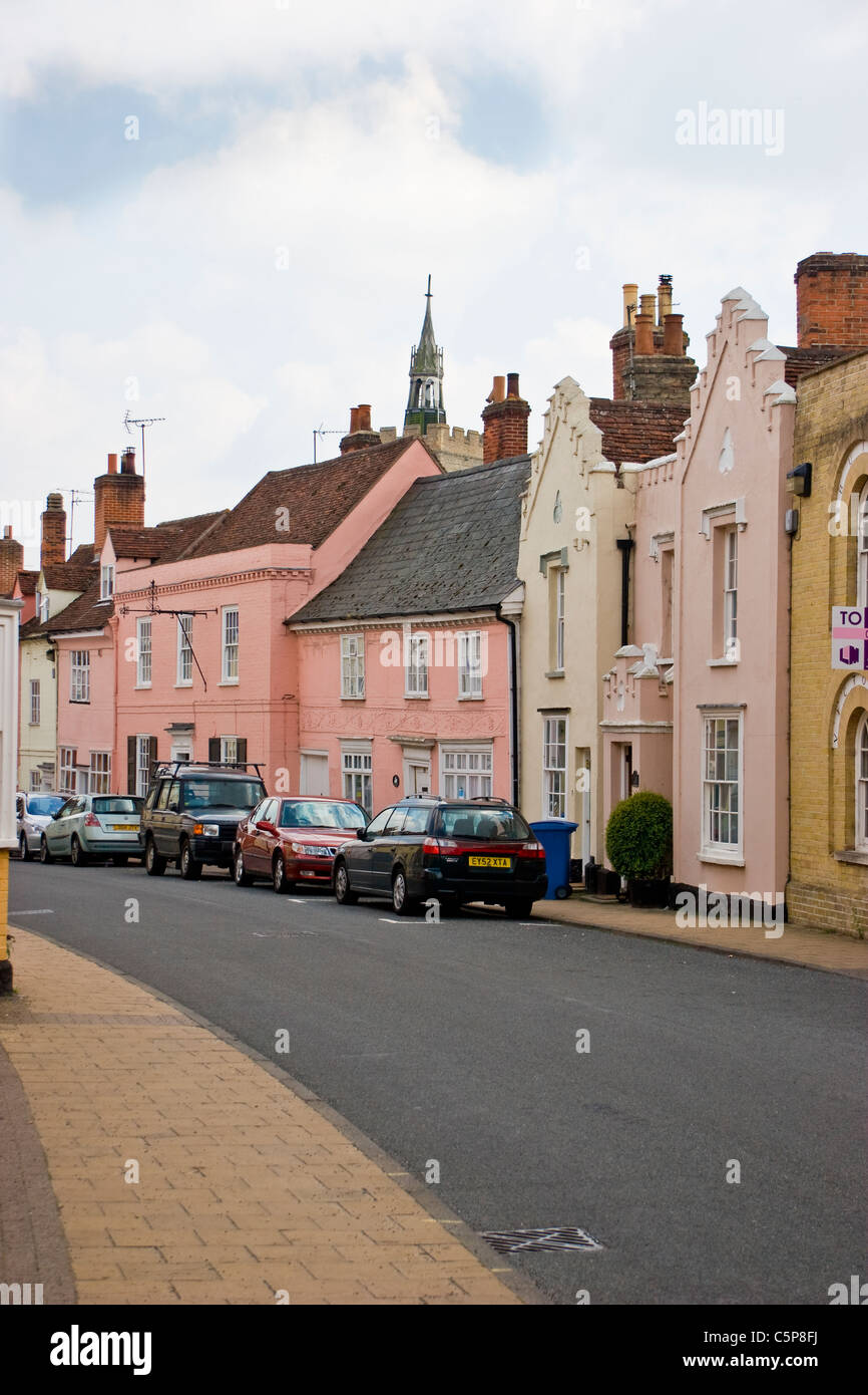 Houses and St Mary Church, Swan Street, Boxford, Suffolk, England Stock