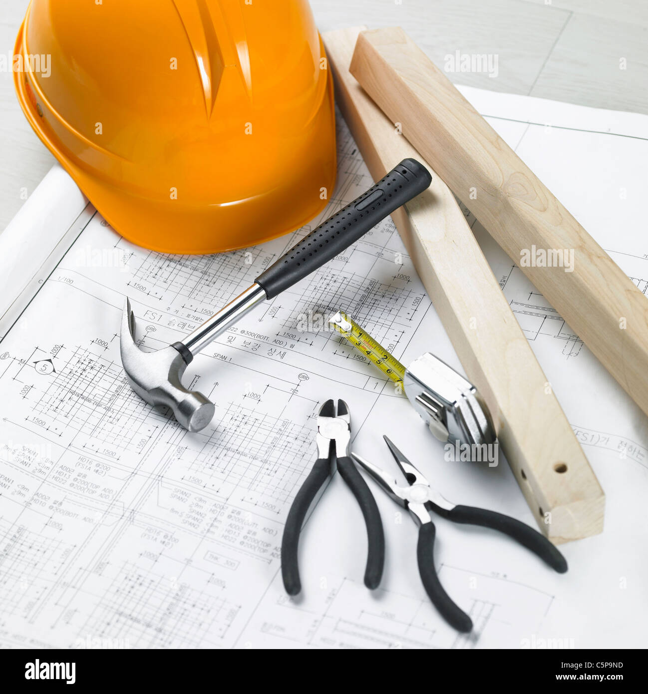Tools on a blueprint Stock Photo