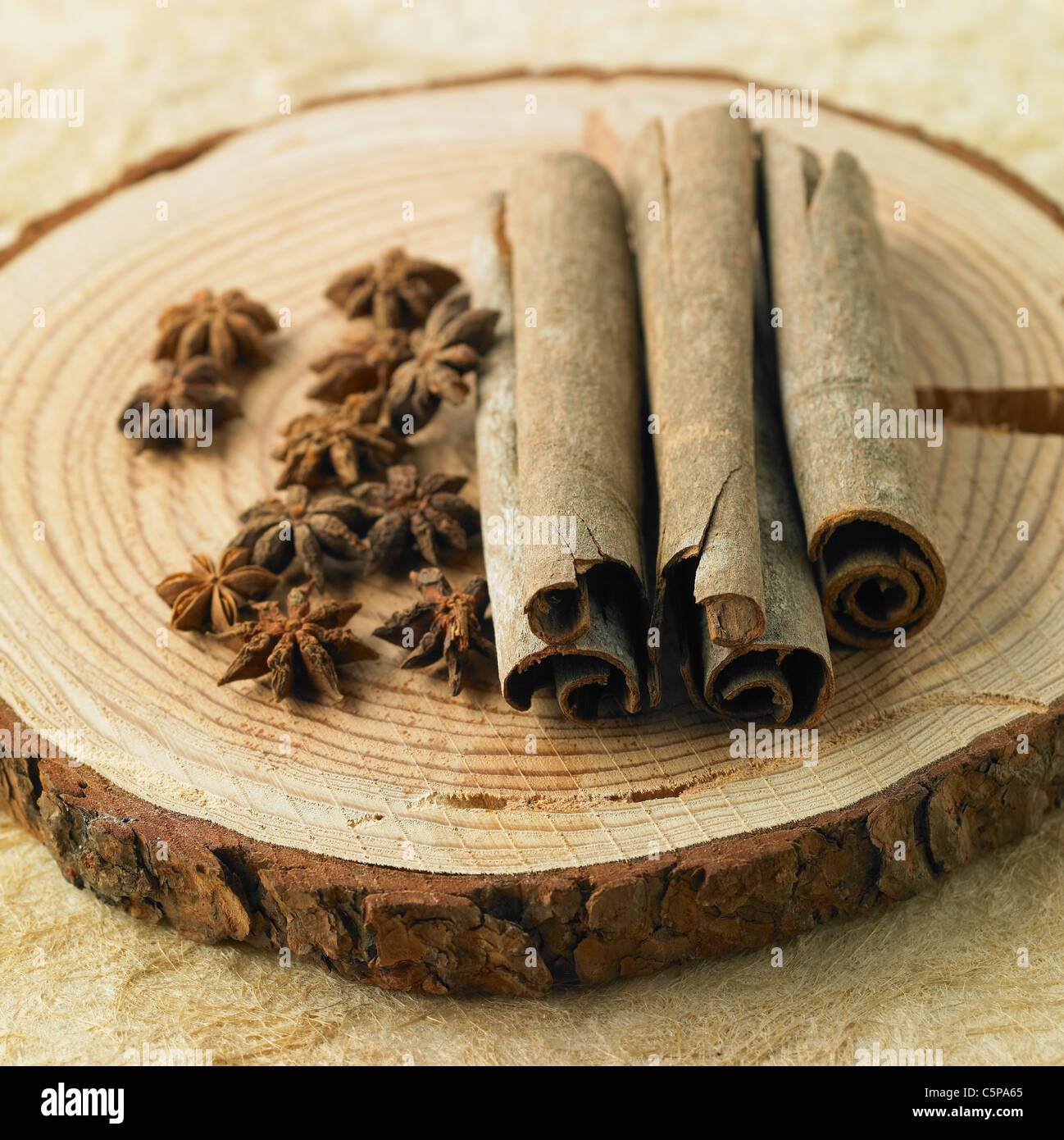 Cinnamon and anise on wood Stock Photo