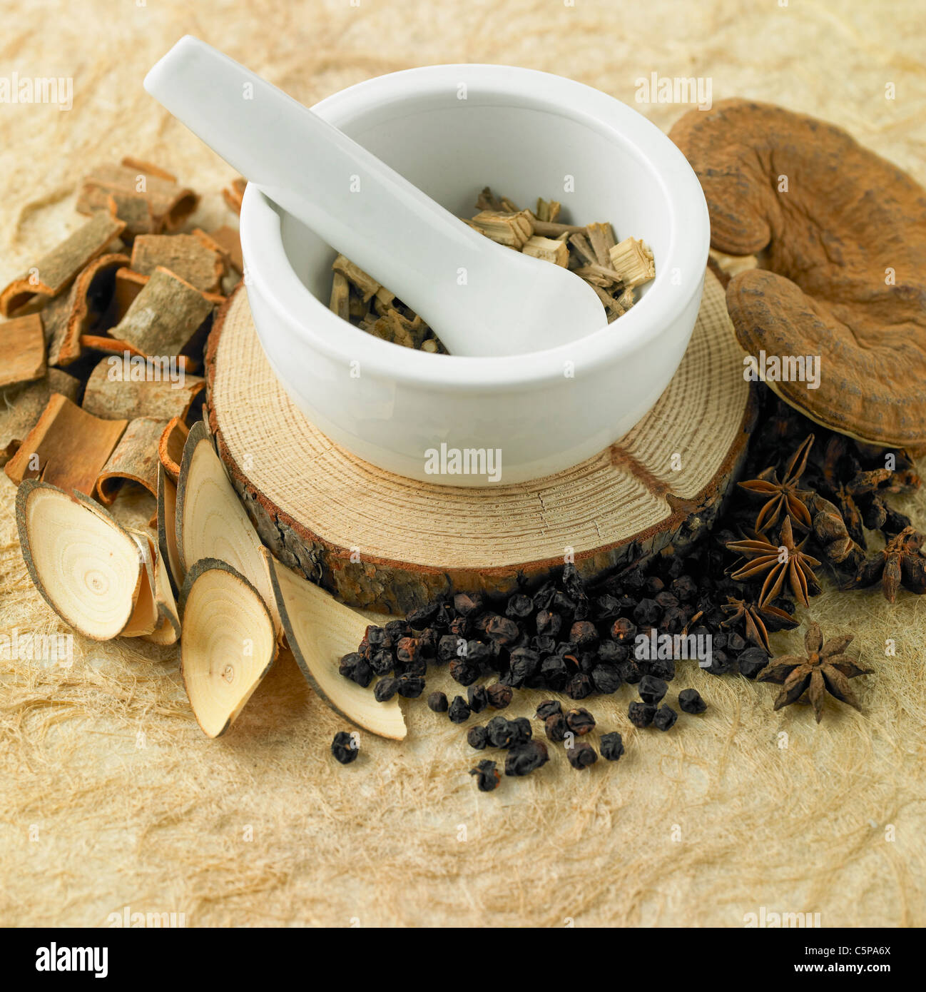 Dried herbs, mortar and pestle Stock Photo Alamy