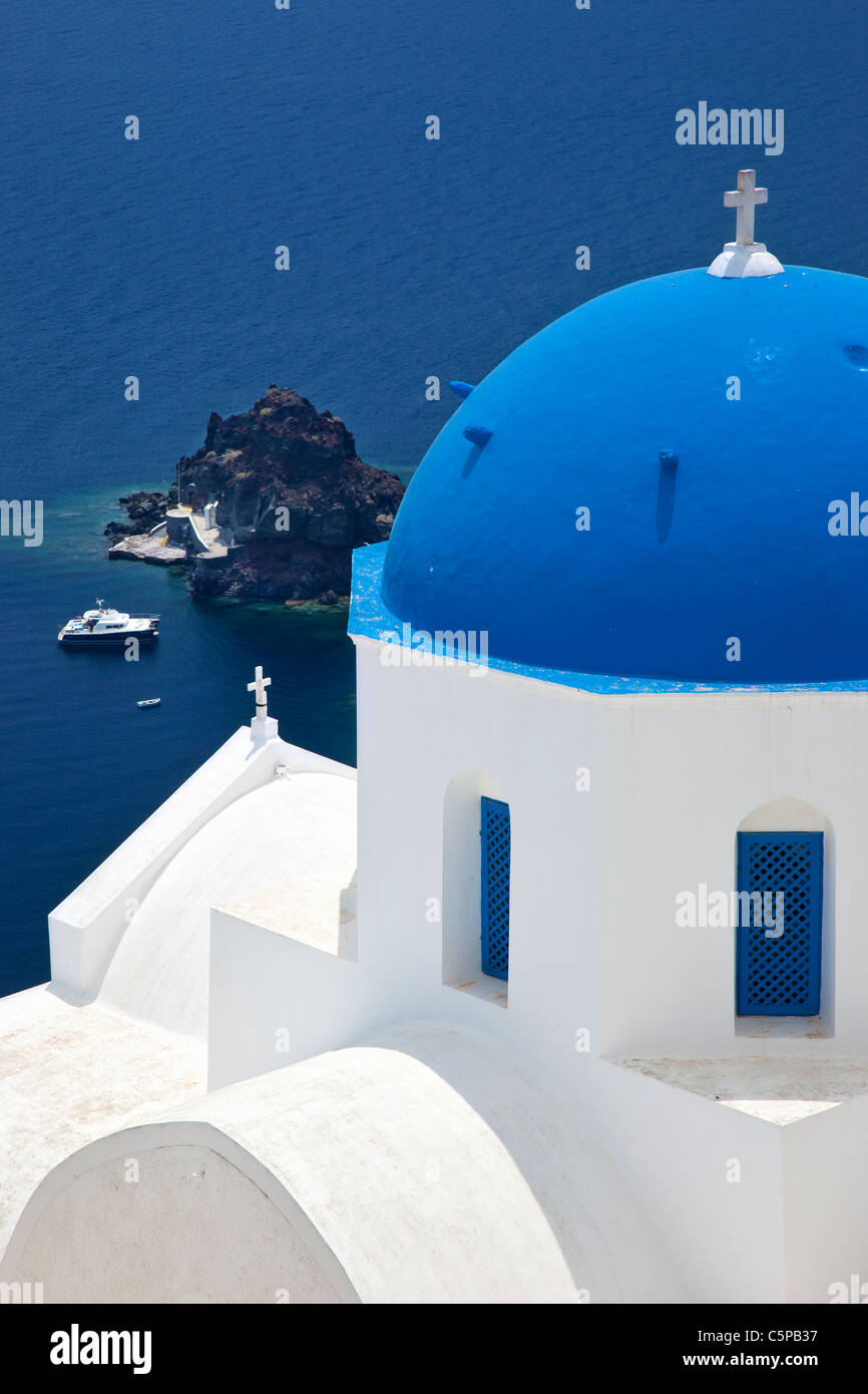 Blue and white church dome in Oia, Santorini, the Cyclades Greece Stock Photo