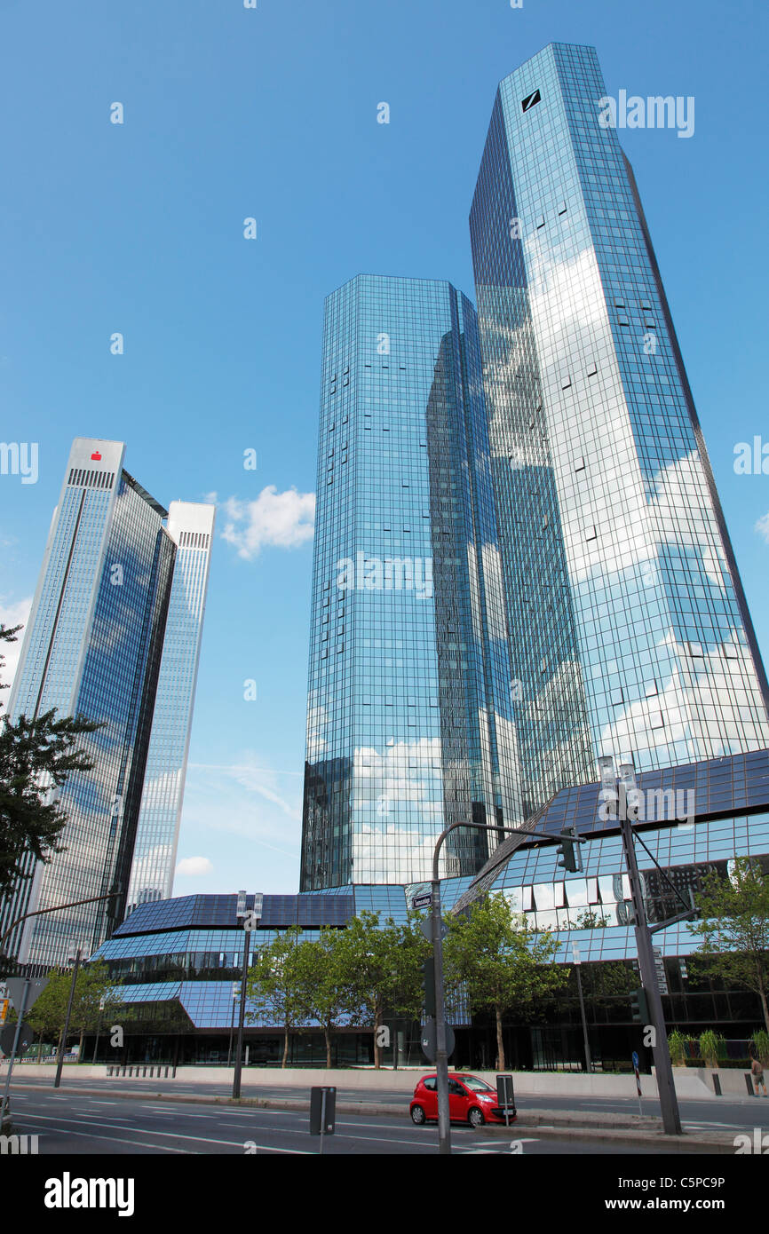 Deutsche Bank and Sparkasse Headquarters in Frankfurt (Main);  German Bank twin towers in Frankfurt; Editorial use only! Stock Photo