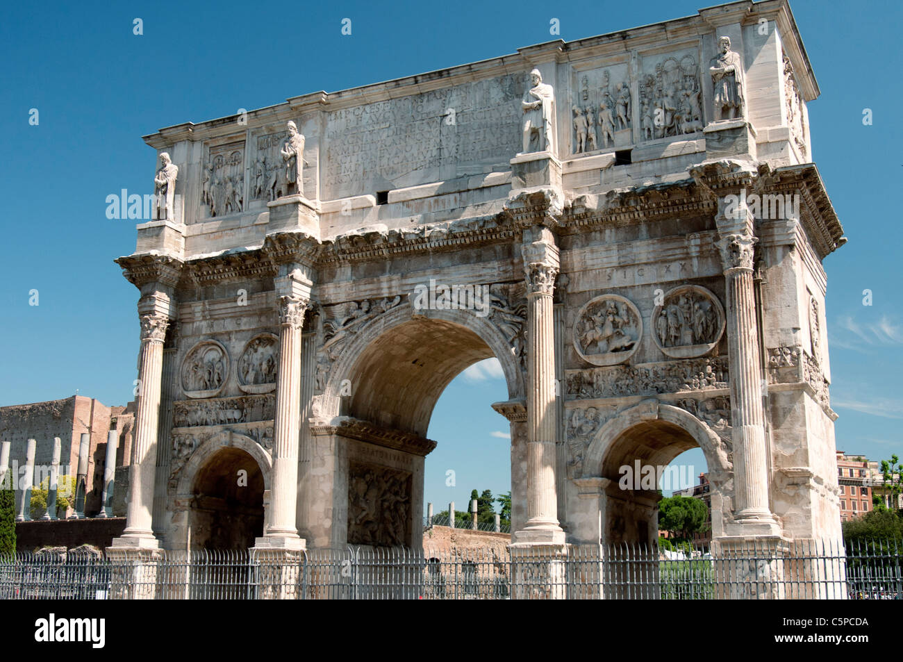 Arco di Costantino, a Roman triumphal arch honouring the Emperor Constantine, near the Colosseum in Rome. Stock Photo
