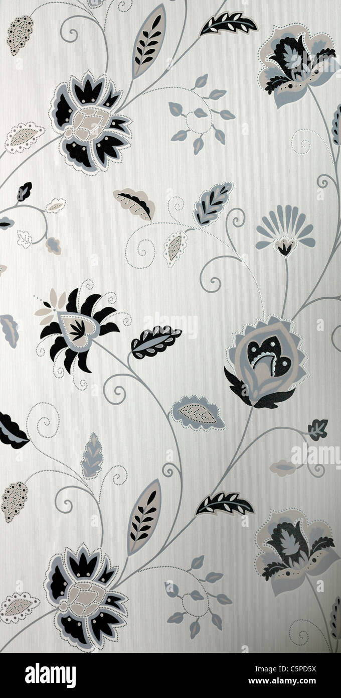 Black, White And Silver Textured And Flock Wallpaper Floral Pattern Stock Photo