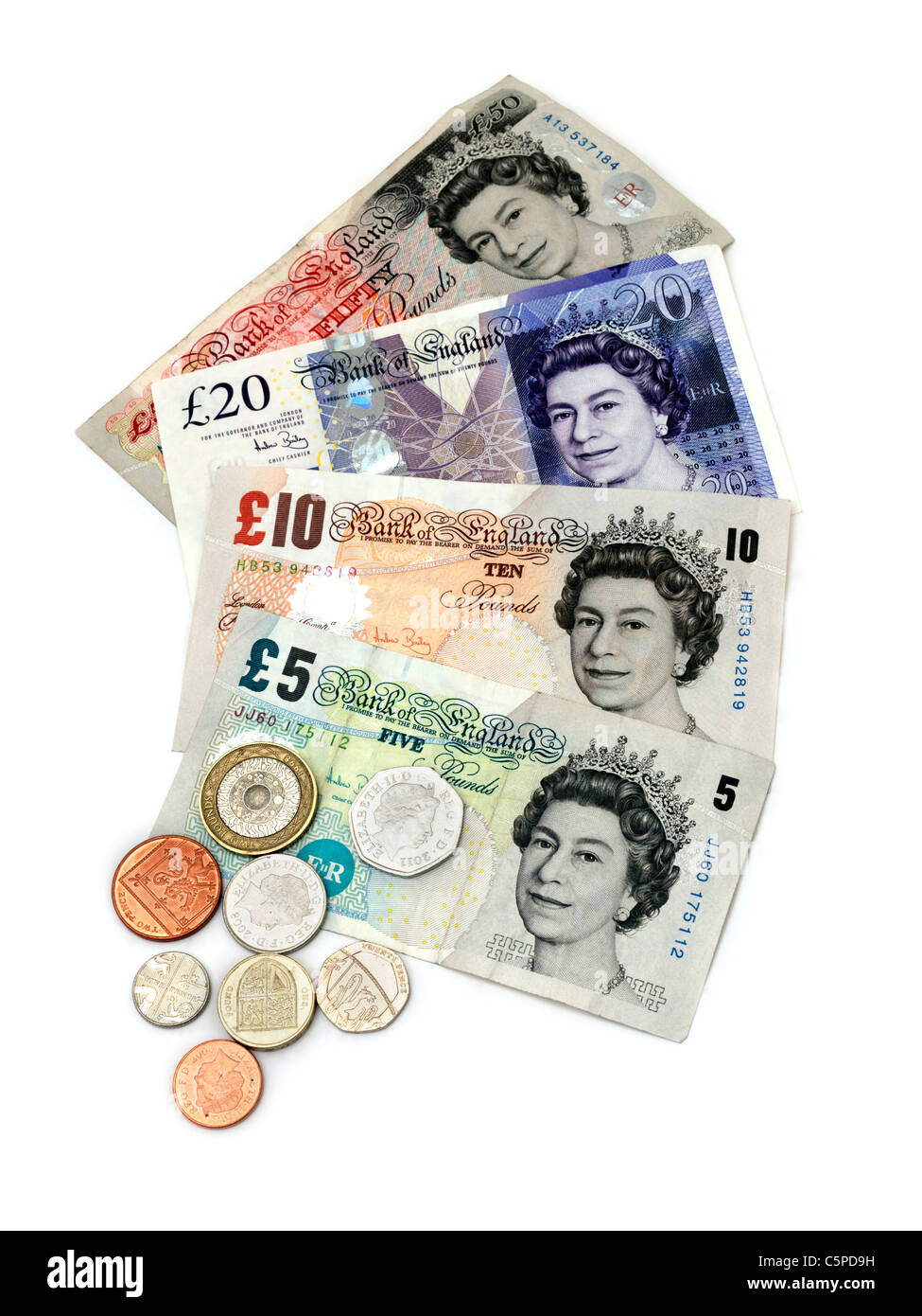 Sterling Banknotes And Coins £5,£10,£20,£50 and 1 Pence, 2 Pence, 5 Pence, 10 pence, 20 Pence, 50 pence, £1 Coin And £2 Coin Stock Photo