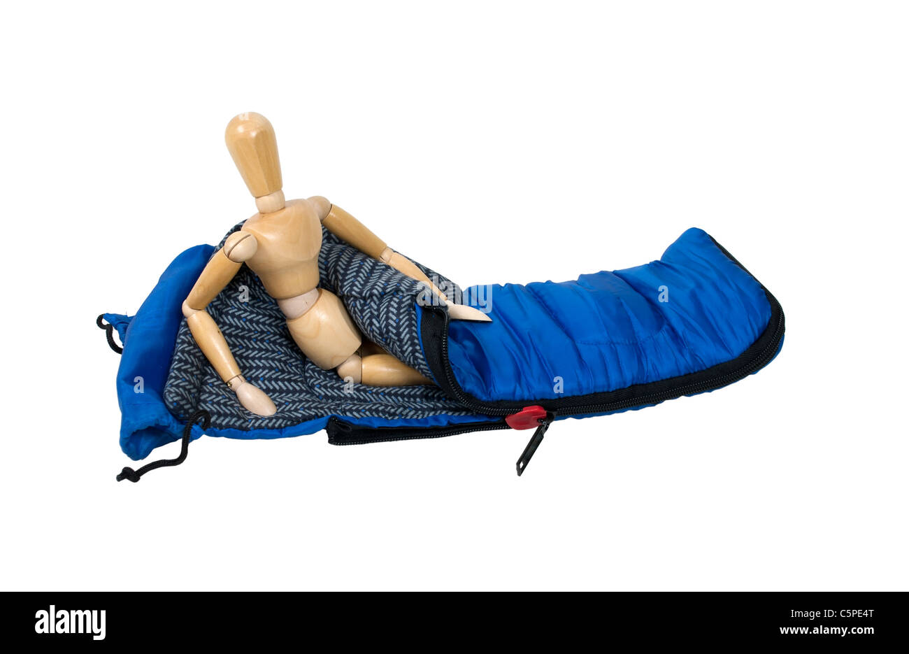 Model sitting up in a sleeping bag used to keep warm on camping trips