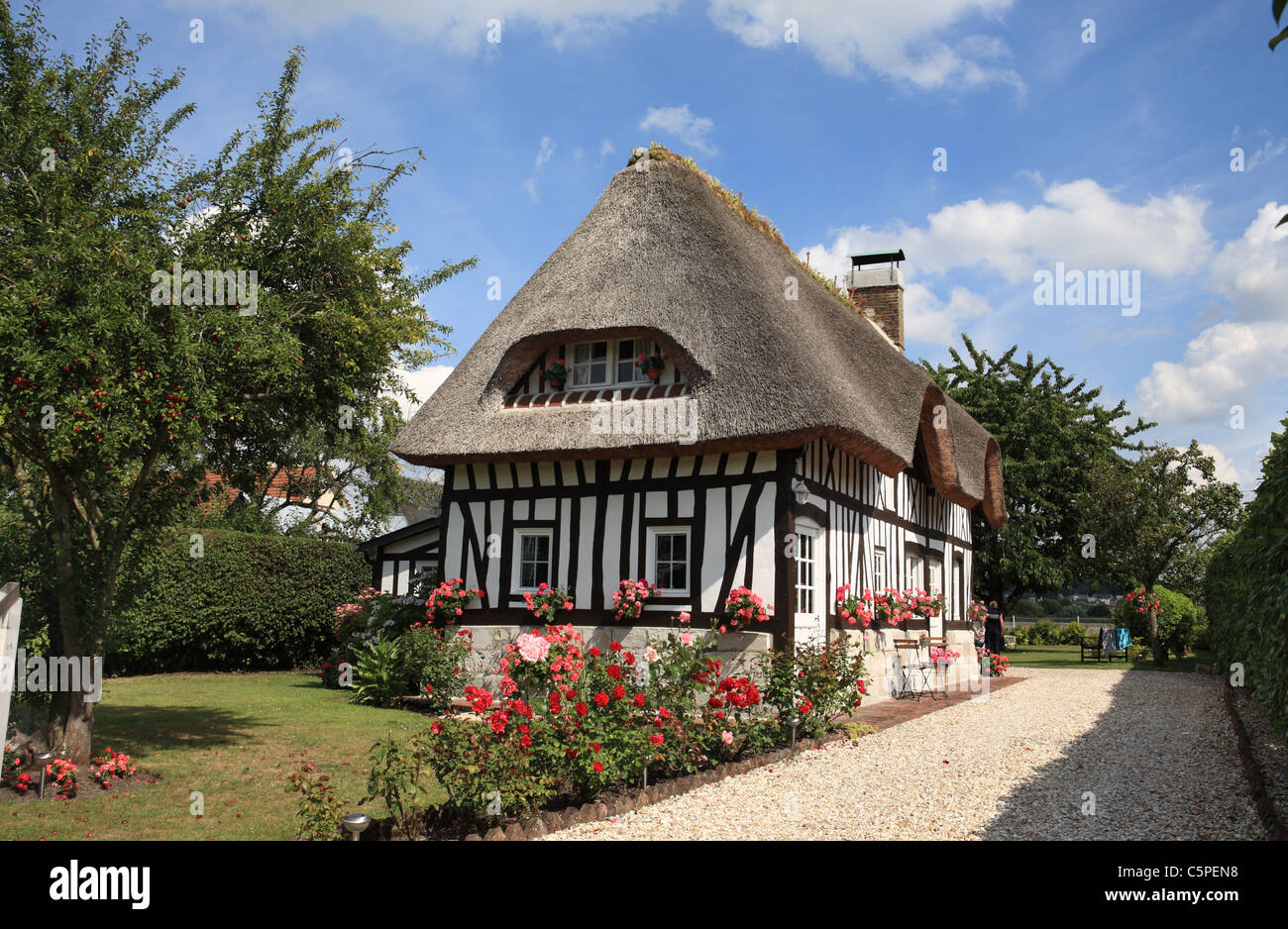 A Half Timbered Thatched Cottage Near To Jumieges In Normandy