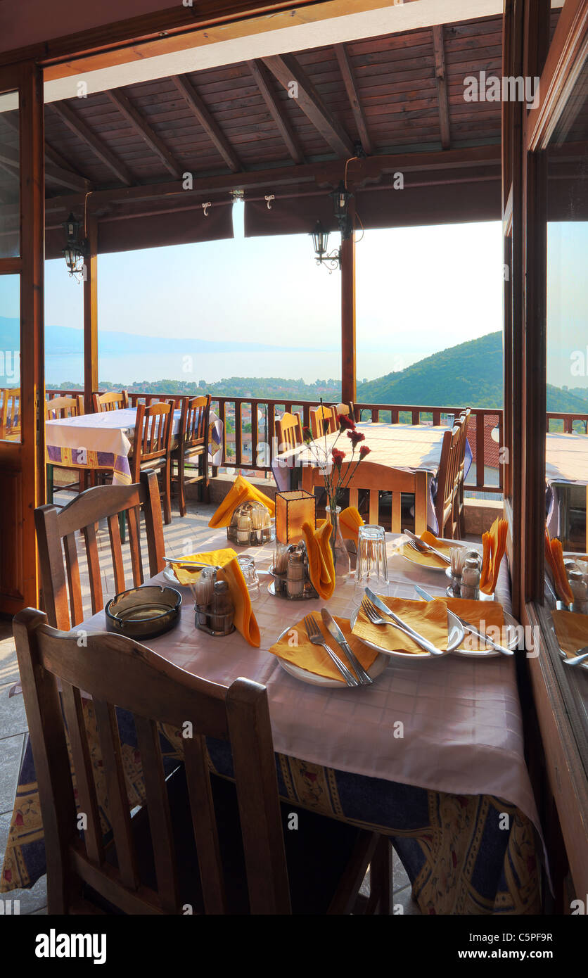 Restaurant view, the town of Stavros, Greece, summer season. Stock Photo