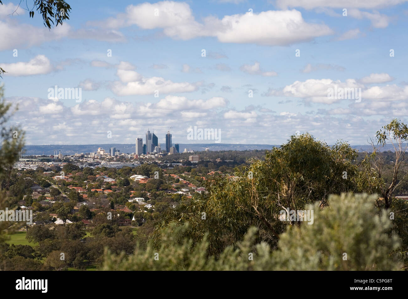 Perth city skyscrapers, Western Australia. As viewed across the western suburbs from Reabold
