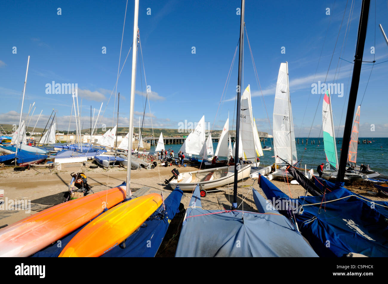Sailing Boats at Swanage in Dorset, England. Stock Photo