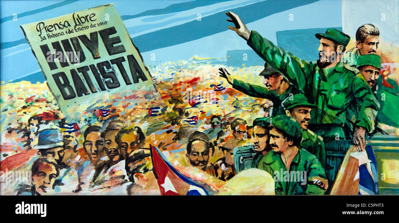 Cuban political poster showing Fidel Castro at a rally celebrating success of Cuban Revolution. Stock Photo