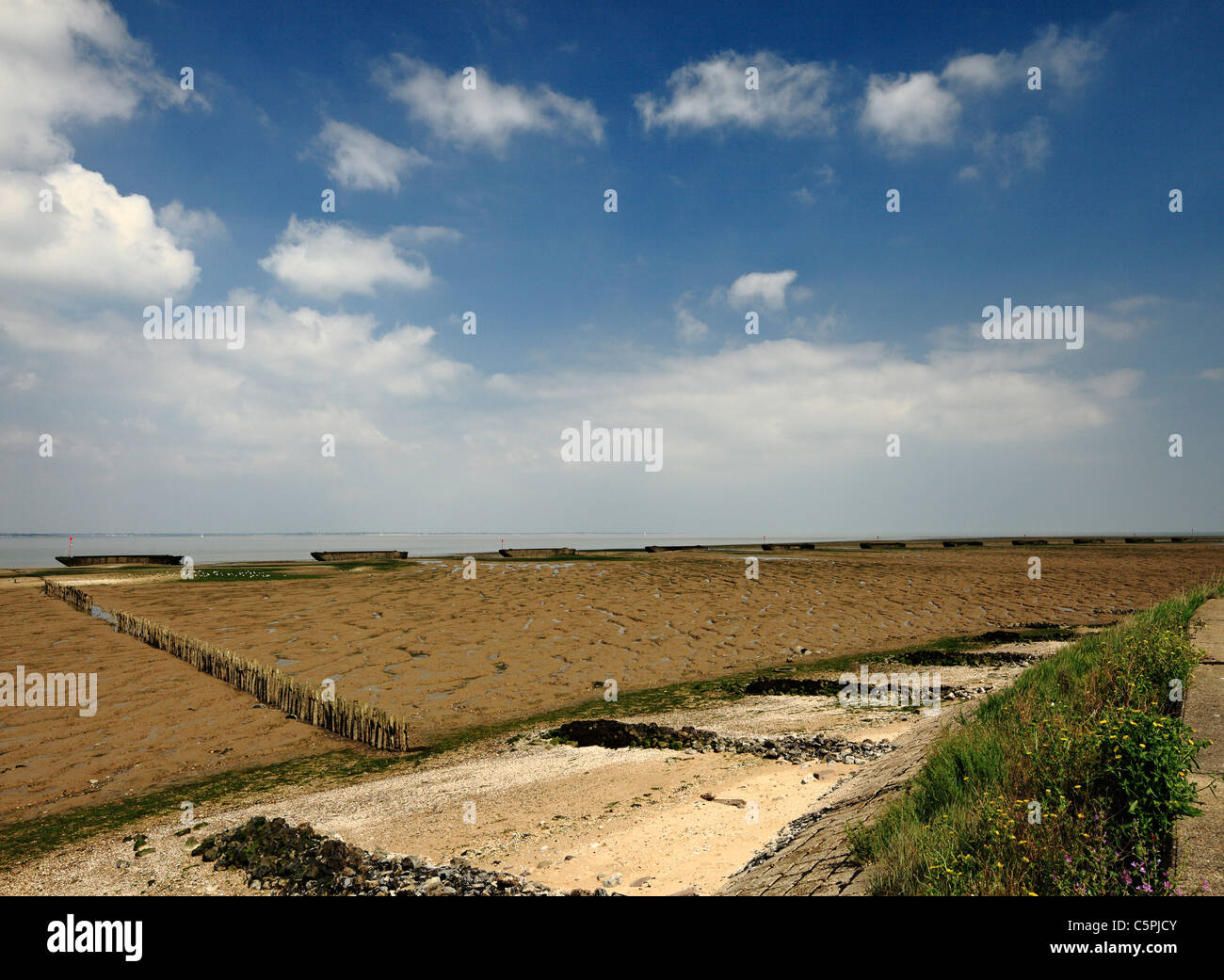 Dengie Peninsula sea defences made from old WWII barges. Stock Photo