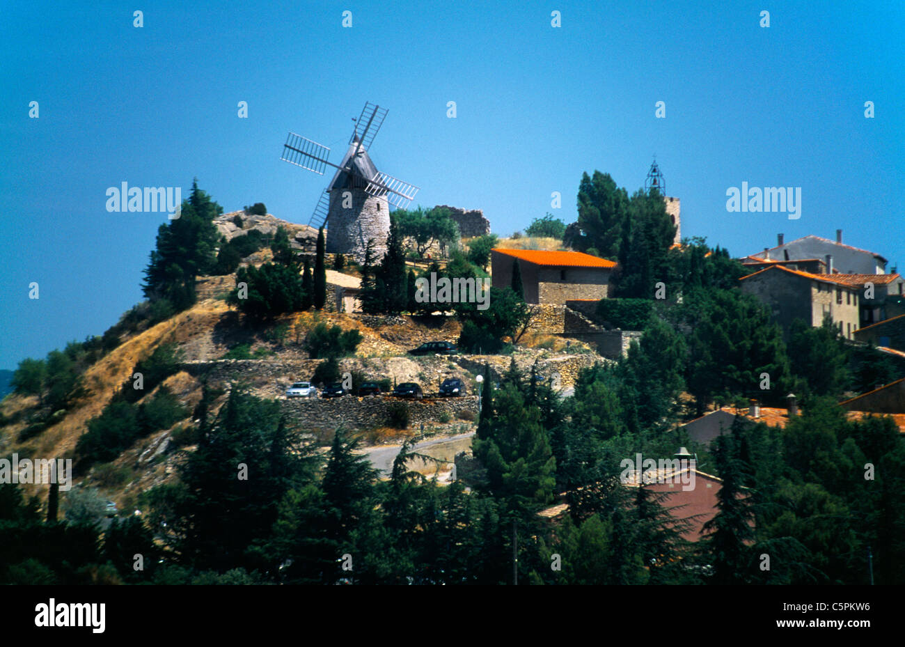 Cucugnan France Aude Languedoc-Roussillon Village With Windmill Of Omer Stock Photo