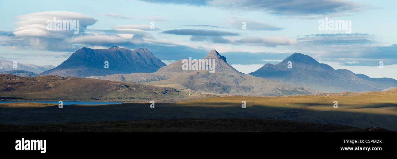 Inverpolly. (L to R) Cul Mor, Stac Pollaidh, Cul Beag. Viewed from near Achnahaird, Ross and Cromarty, Highland, Scotland, UK. Stock Photo