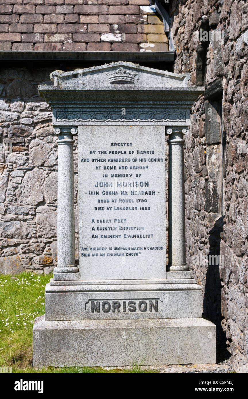 The memorial to John Morison, The Harris Blacksmith, in St Clement's churchyard, Rodel, South Harris in the Outer Hebrides. Stock Photo
