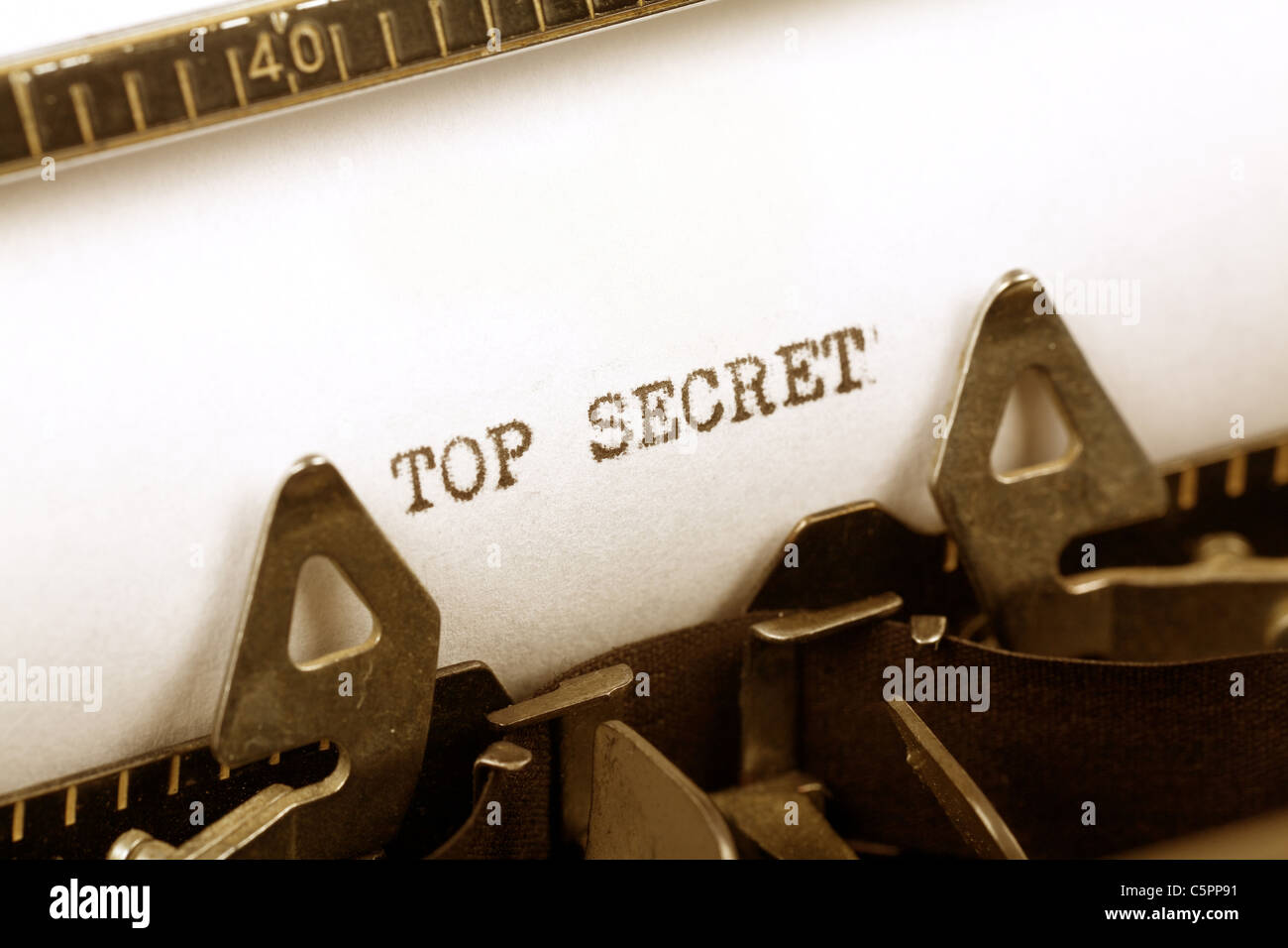 Typewriter close up shot, Concept of Top Secret Stock Photo
