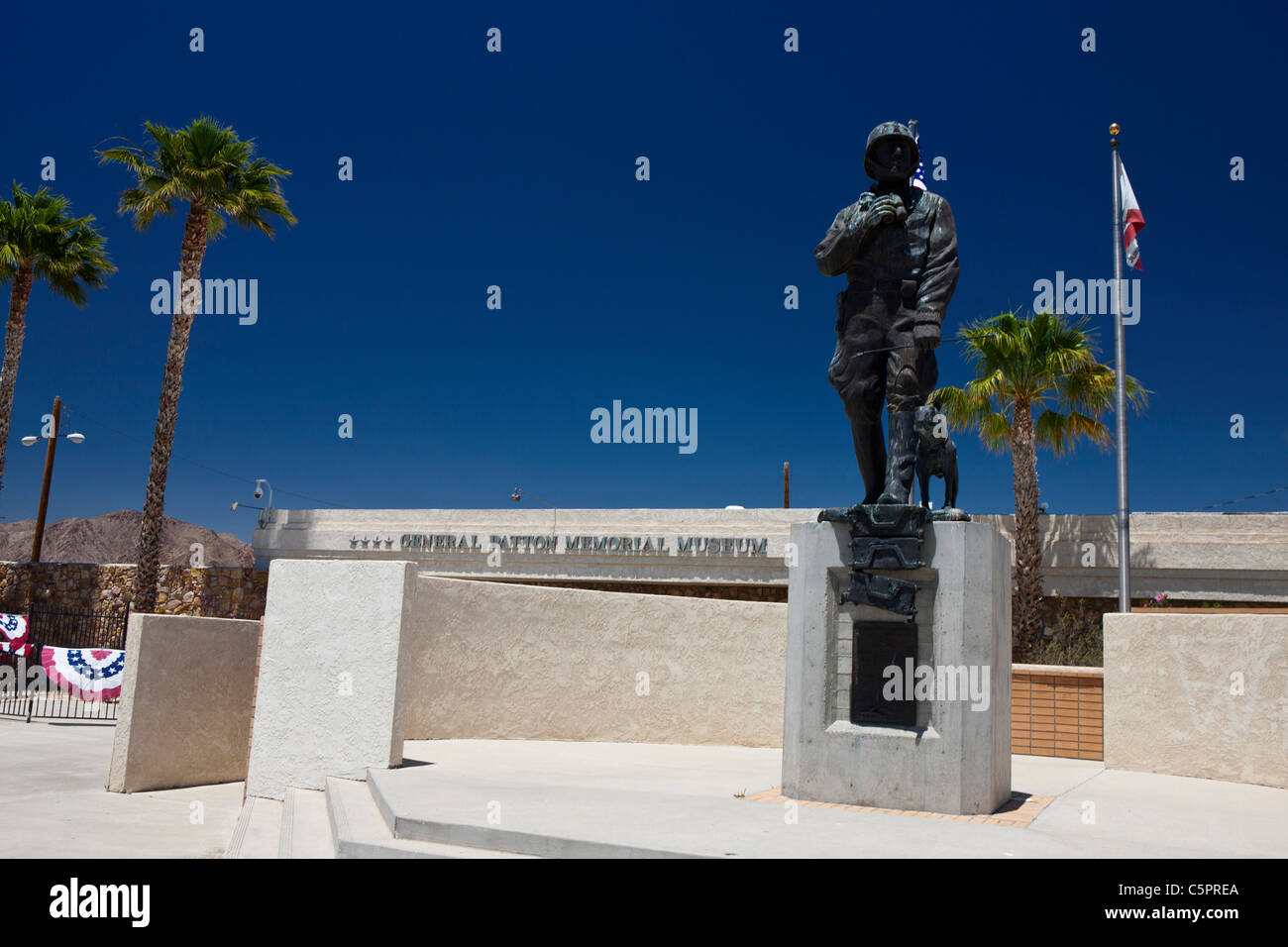 Exterior of General Patton Memorial Museum, with statue of Gen. Patton, Chiriaco Summit, California, United States of America. Stock Photo