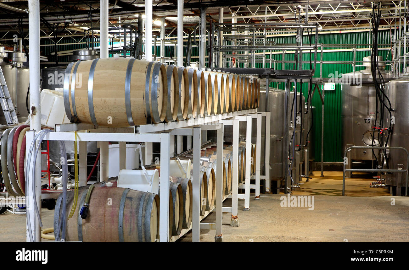 Tyrrell's Wines. Hunter Valley, NSW, Australia. Wine Barrels and Vats in the cellar. Stock Photo