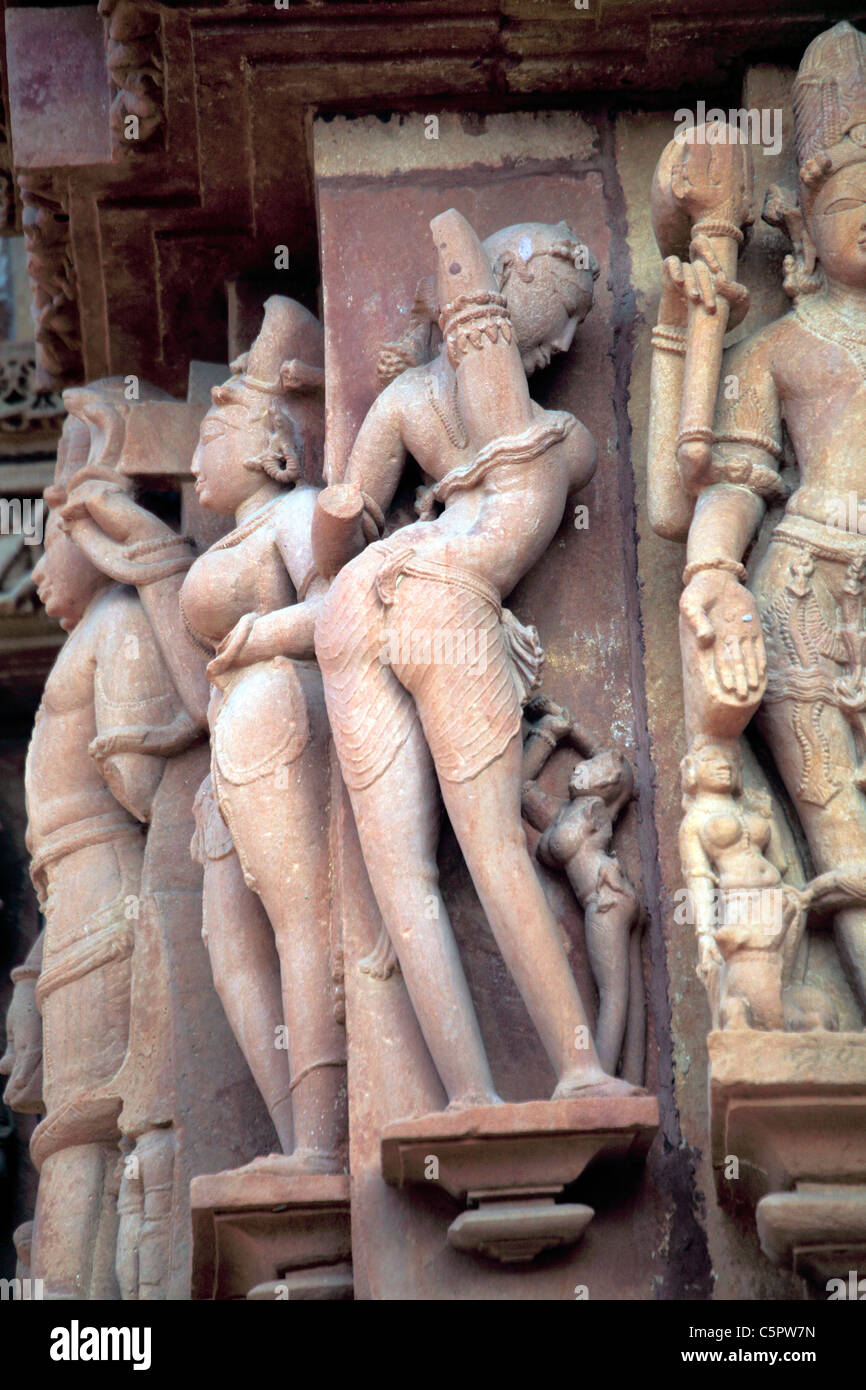Sculptures on the wall of Hindu temple, Khajuraho, Madhya Pradesh, India Stock Photo