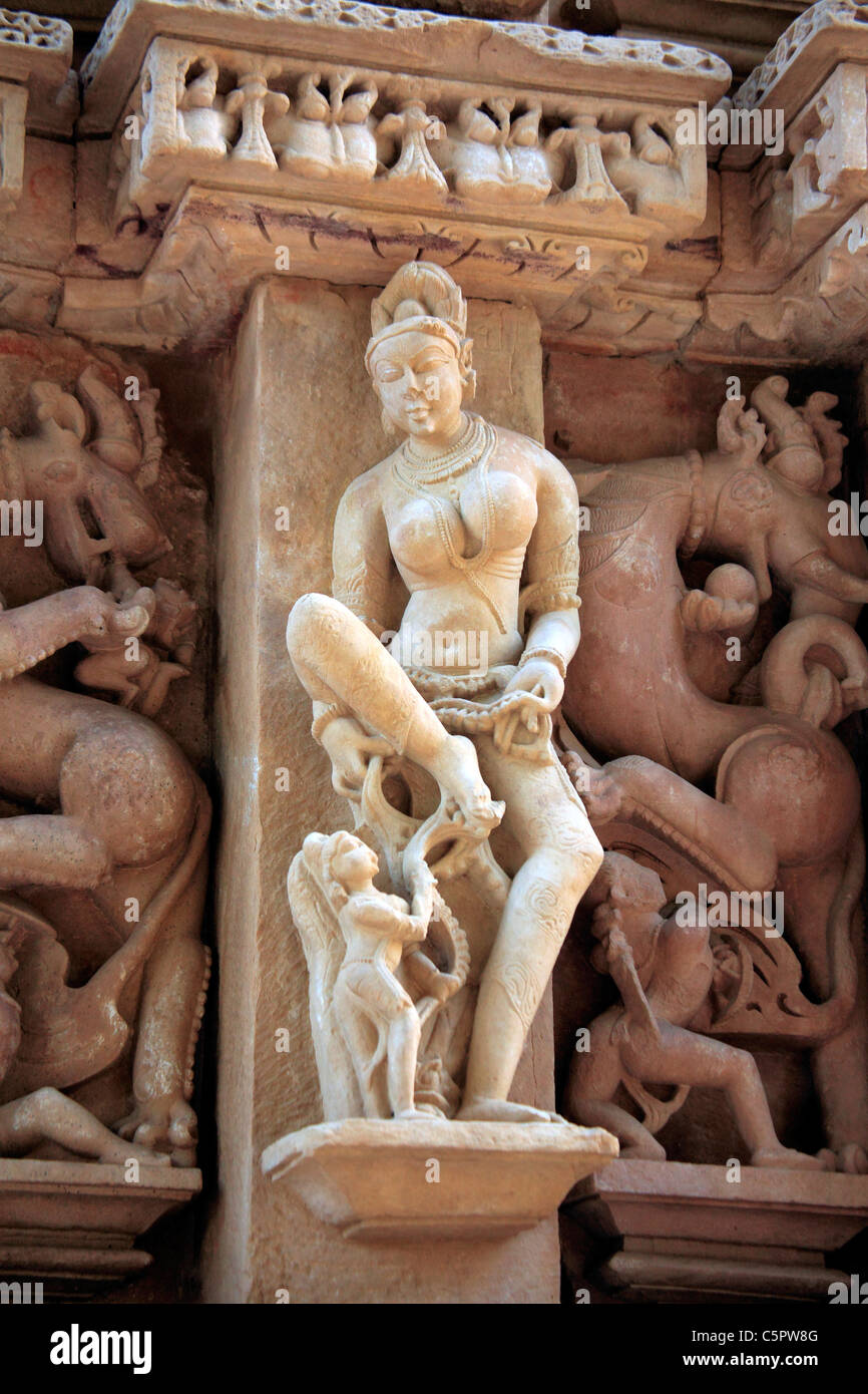 Sculptures on the wall of Hindu temple, Khajuraho, Madhya Pradesh, India Stock Photo