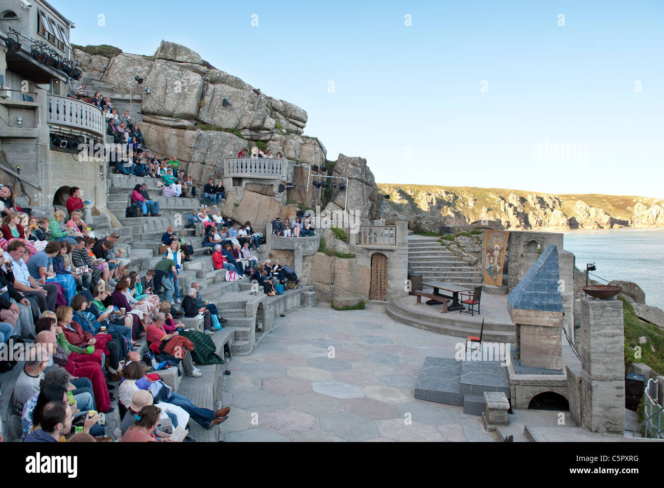 Theatre goers await the start of a performance at the Minack Theatre near to Land's End, Conrwall. Stock Photo