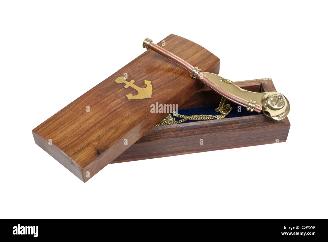 Brass boson whistle with wooden box with an anchor symbol on the side