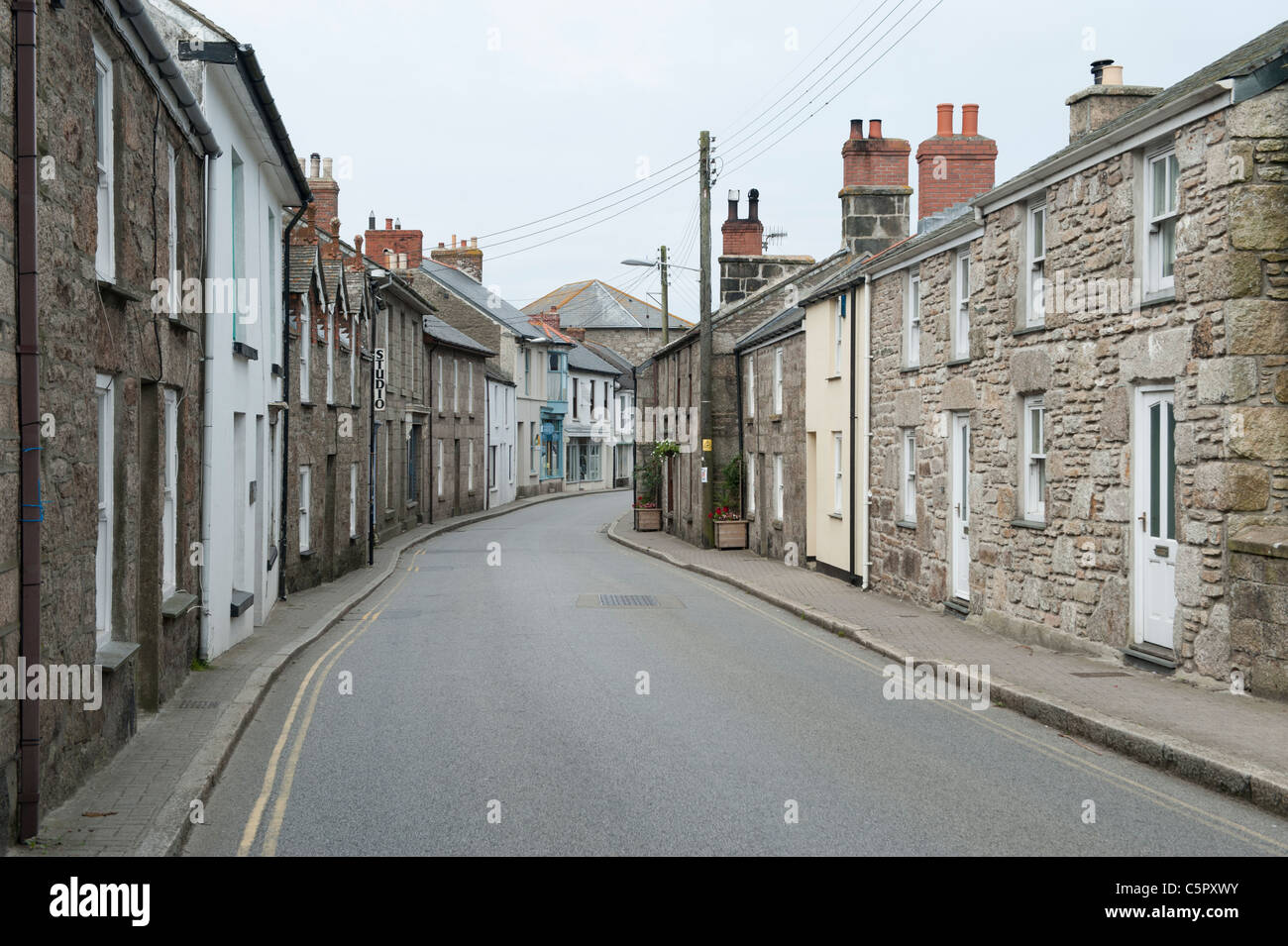 A deserted old-fashioned looking street in St Just, Cornwall. Stock Photo