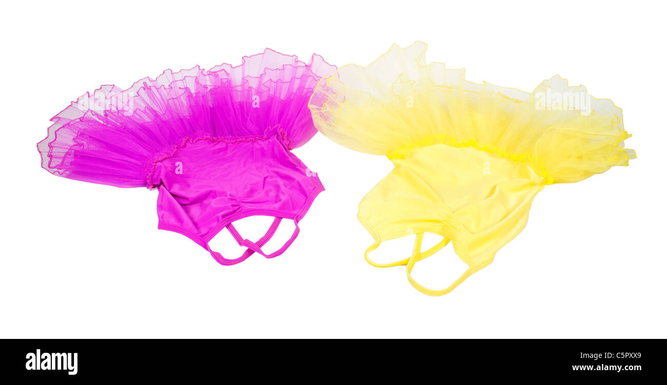 Two bright colored ballet tutu dress costume made of tulle for accenting the graceful dancer - path included Stock Photo