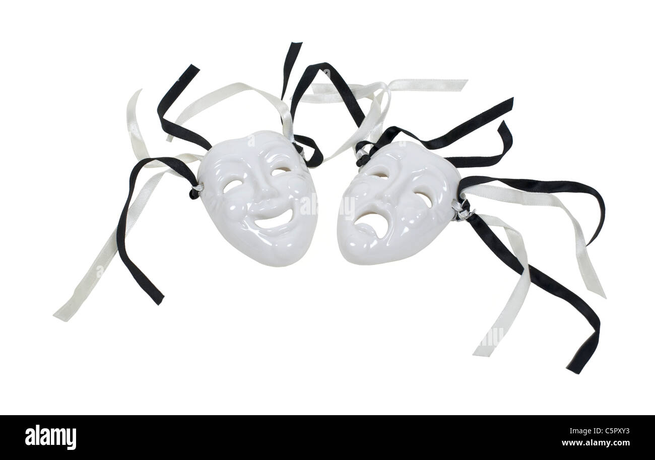 Humor and tragedy drama faces with black and white ribbons - path included Stock Photo