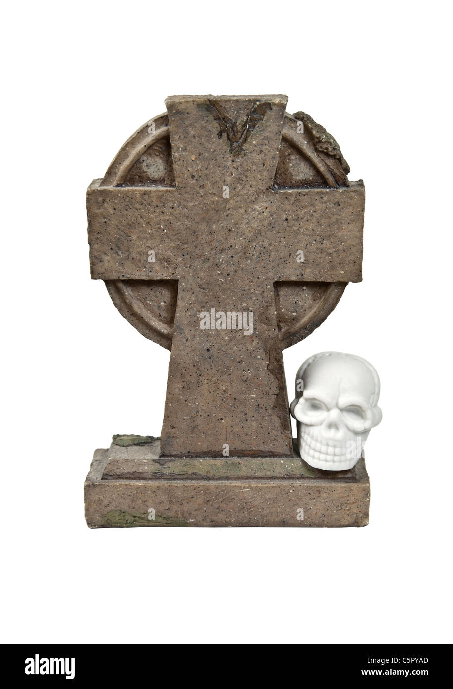Cross headstone made of marble with a white skull at the base - path included Stock Photo