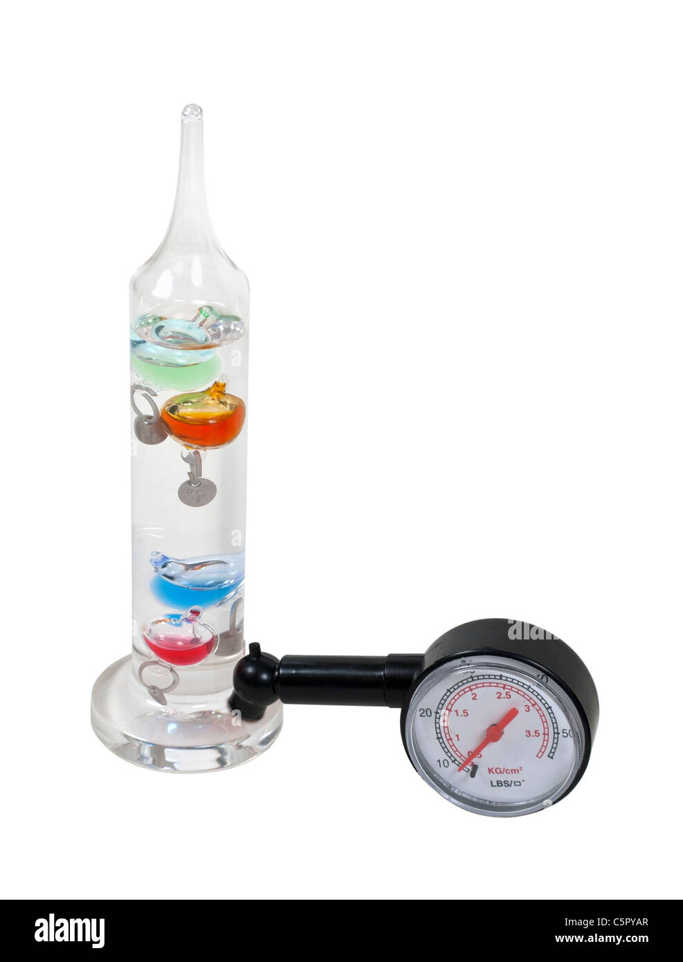 Heat and pressure shown by a thermometer and a pressure gauge - path included Stock Photo