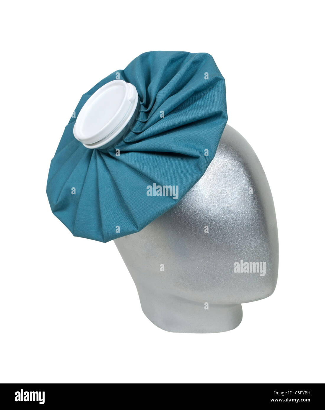 Model wearing a retro pleated blue ice pack for first aid use on