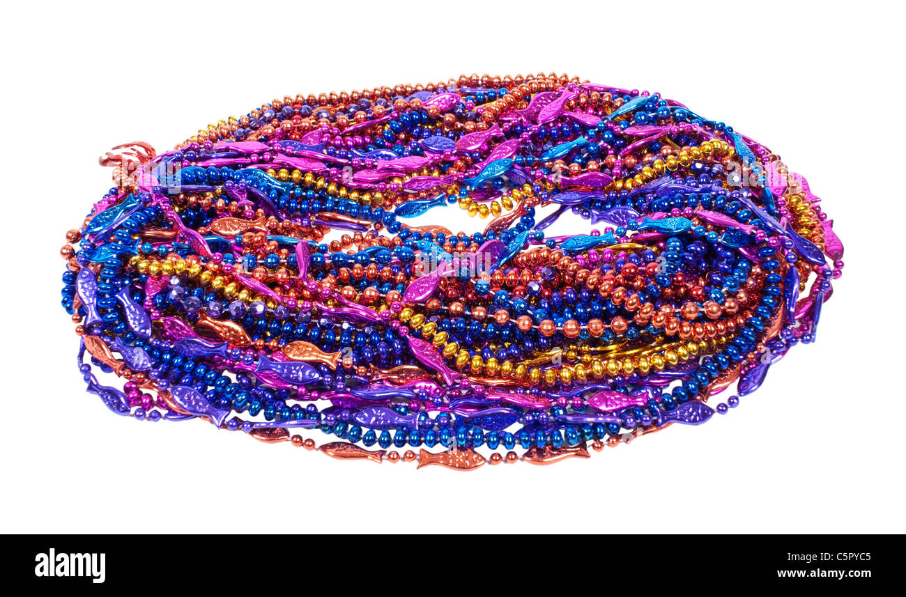 A variety of Mardi Gras Beads of bright colors and design - path included Stock Photo