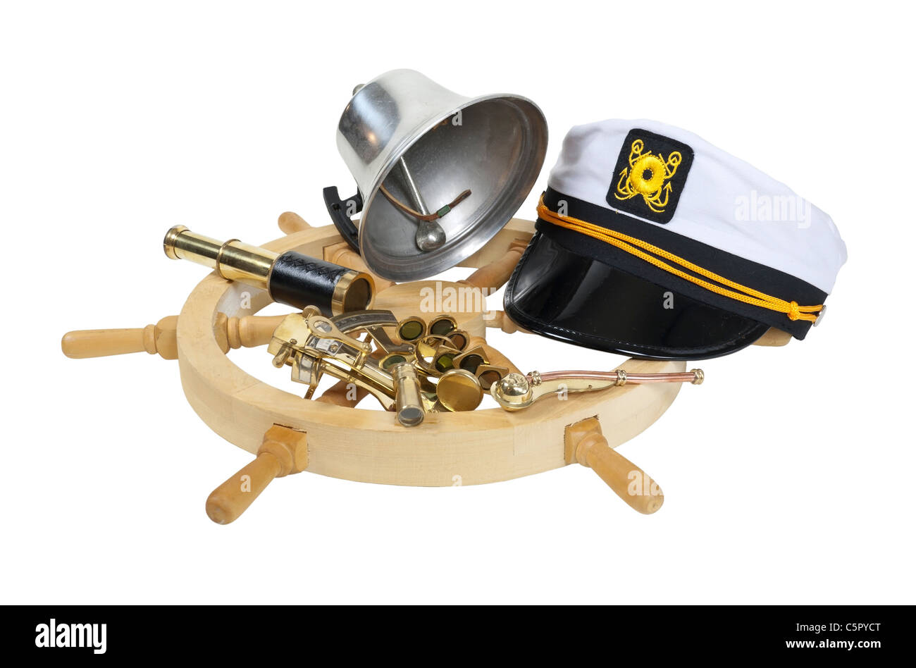 Nautical supplies including ship wheel, captain hat, bell, and an