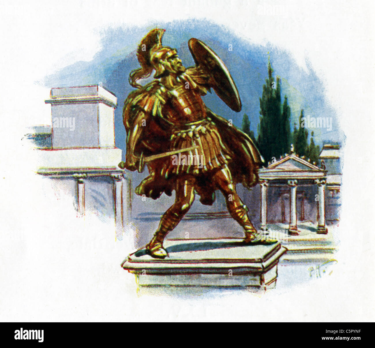 This illustration of a sculpture of a Roman soldier in the city of Rome is from an 1864 copy of Macaulay's Lays of Ancient Rome. Stock Photo