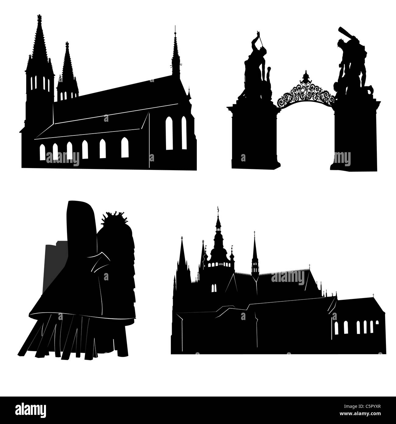 Silhouettes of famous buildings and landmarks of Prague. Stock Photo