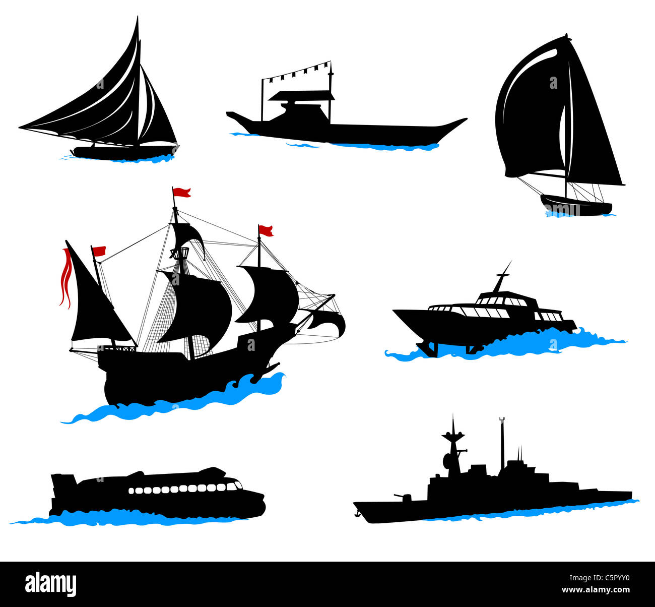 Silhouettes of offshore ships - yacht, fishing boat, the warship. Stock Photo